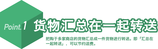 Point.1 货物汇总在一起转送 把购于多家商店的货物汇总成一件货物进行转送。即「汇总在一起转送」,可以节约运费。