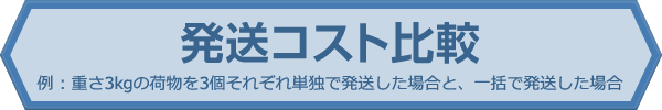 海外発送コスト比較 例 : 重さ3kgの荷物を3個それぞれ単独で発送した場合と、一括で発送した場合
