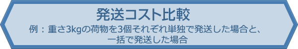 発送コスト比較 例 : 重さ3kgの荷物を3個それぞれ単独で発送した場合と、一括で発送した場合