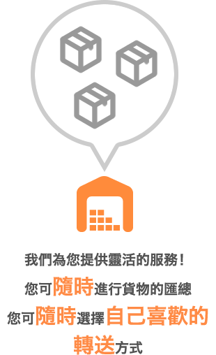 我們為您提供靈活的服務!您可隨時進行貨物的匯總您可隨時選擇自己喜歡的轉送方式