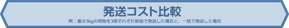 発送コスト比較 例 : 重さ3kgの荷物を3個それぞれ単独で発送した場合と、一括で発送した場合